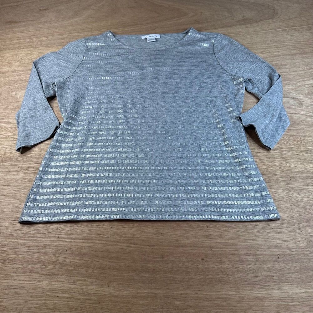 Liz Claiborne Silver Sequin Stripe Top Women’s L 3/4 Sleeve Gray